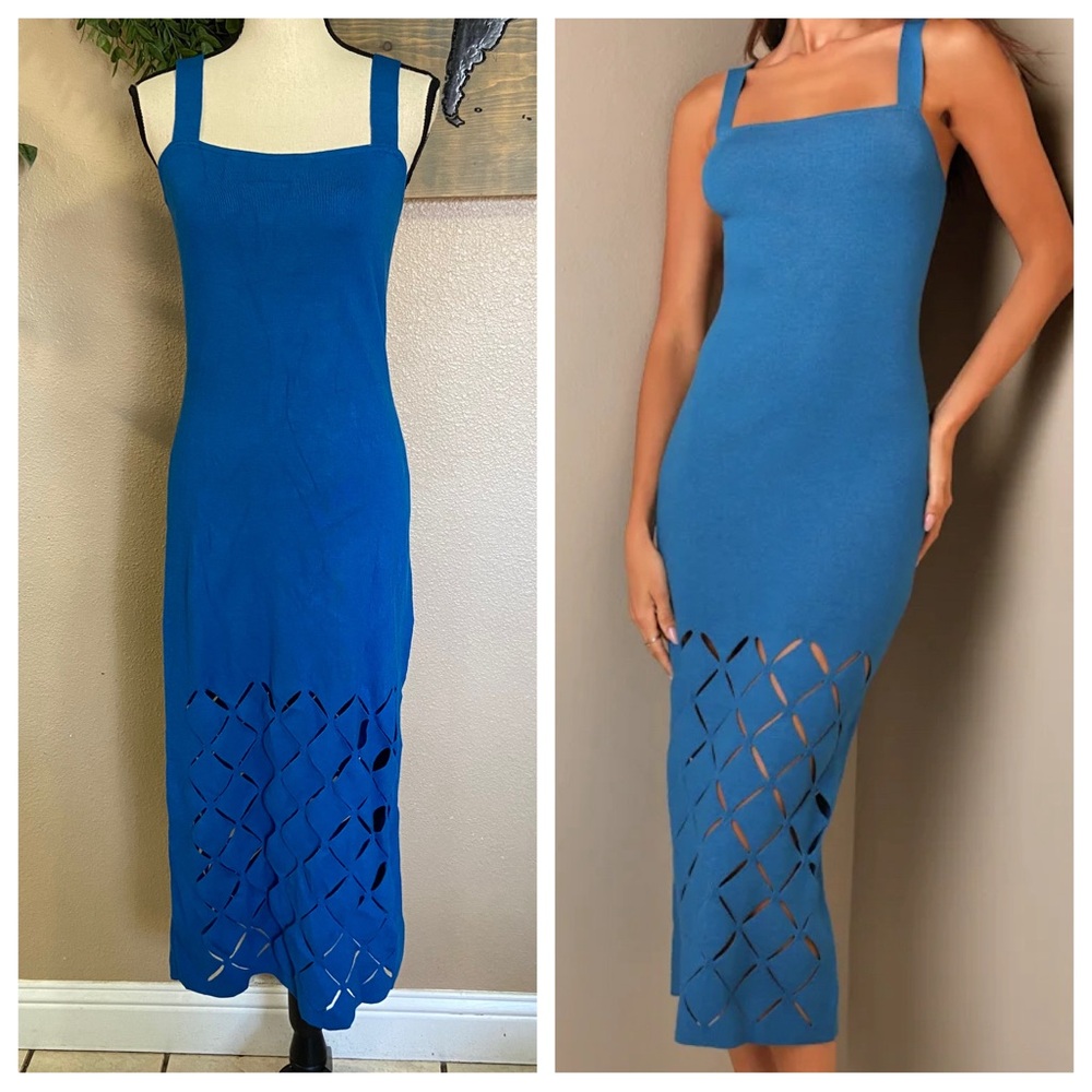 Lulu's Blue Midi Dress with Cutout Hem